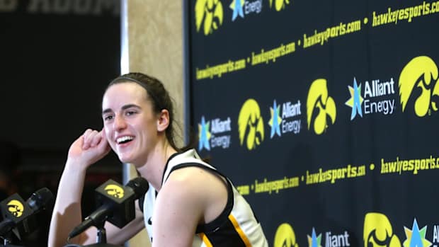 Iowa s Caitlin Clark (22) speaks to media after playing Ohio State Sunday, March 3, 2024 at Carver-Hawkeye Arena in Iowa City, Iowa.